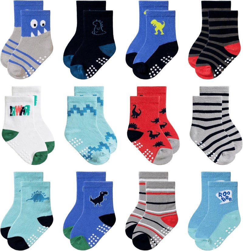 Eocom Baby Boys Grips Socks Kids Toddlers Infants Non Skid Anti Slip Crew Cotton Gifts Socks 12 Pairs - Image 1